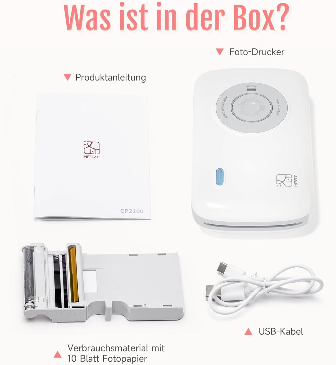 HPRT Mini Fotodrucker für Smartphone(5x7,6cm), drahtloser Bild-Drucker für Smartphone,tragbarer Foto