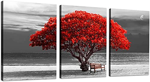 hyidecorart Bilder Baum Rote, Bäume Natur Leinwand Bilder, 3 Teilig Wandbilder Wohnzimmer, Modern Gl