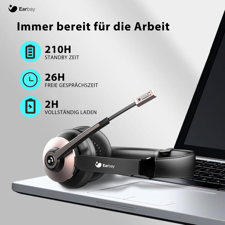 Earbay Kabelloses Headset, Bluetooth-Headset mit Mikrofon und Rauschunterdrückung & USB-Dongle, Kabe