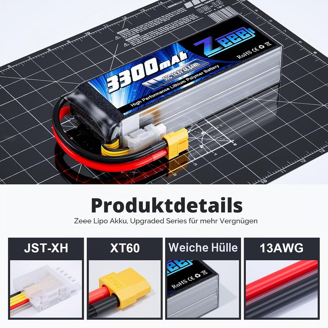 Zeee 4S Lipo Akku 14,8V 50C 3300mAh RC Batterie mit XT60 Stecker für RC Auto Truck Flugzeug Heilikop