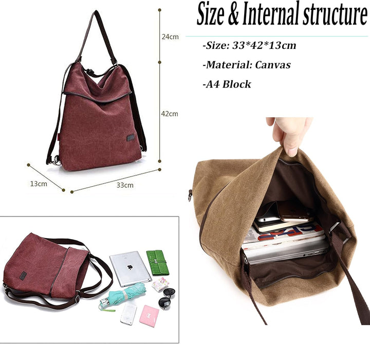 Travistar Damen Canvas Schultertasche Rucksack Gross Handtasche Vintage Damen umhängetasche Anti Die