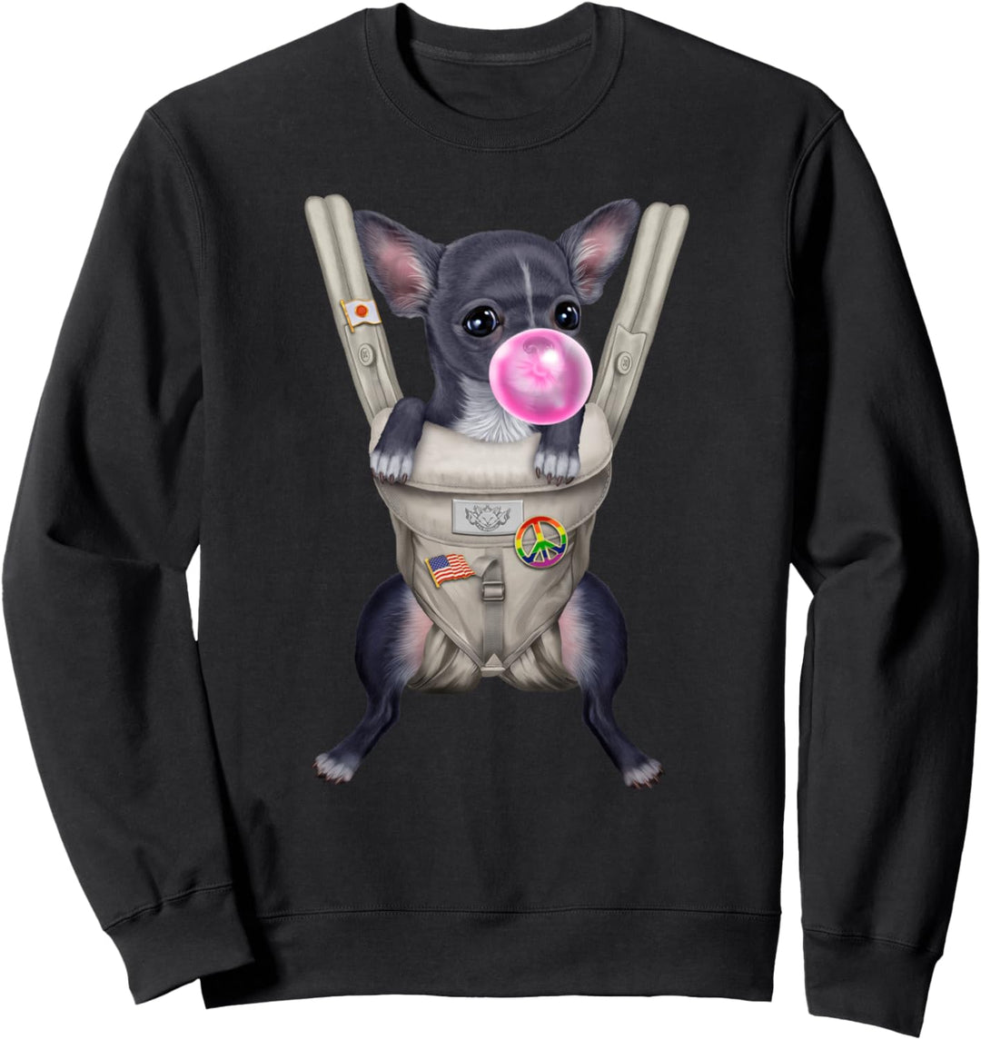 Blauer Chihuahua-Hund mit Kaugummi in der Babytrage Sweatshirt