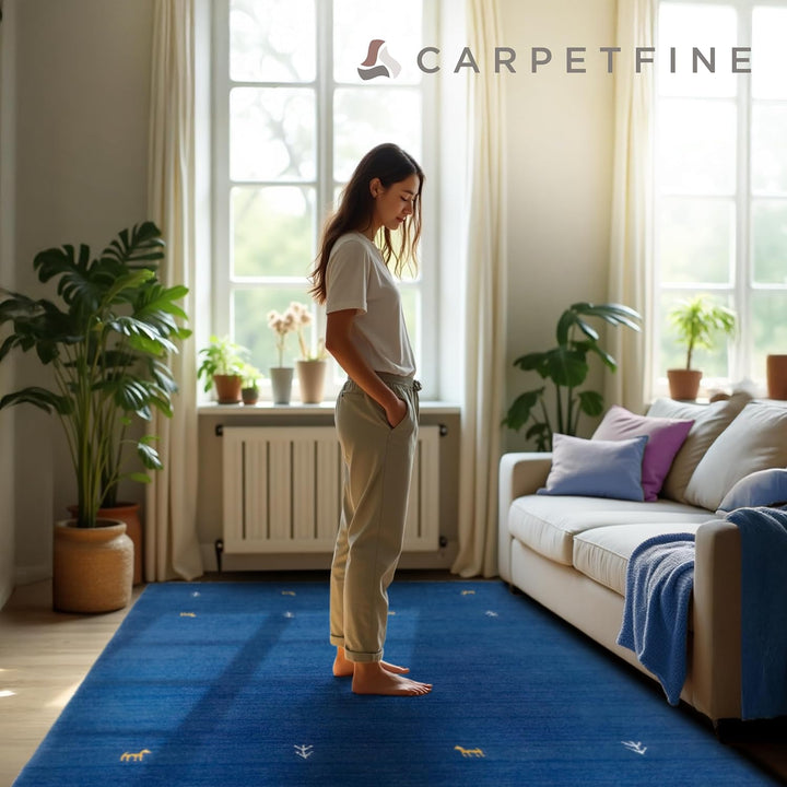 carpetfine Wollteppich Gabbeh Uni Blau 60x90 cm | Moderner Teppich für Wohn- und Schlafzimmer 60x90