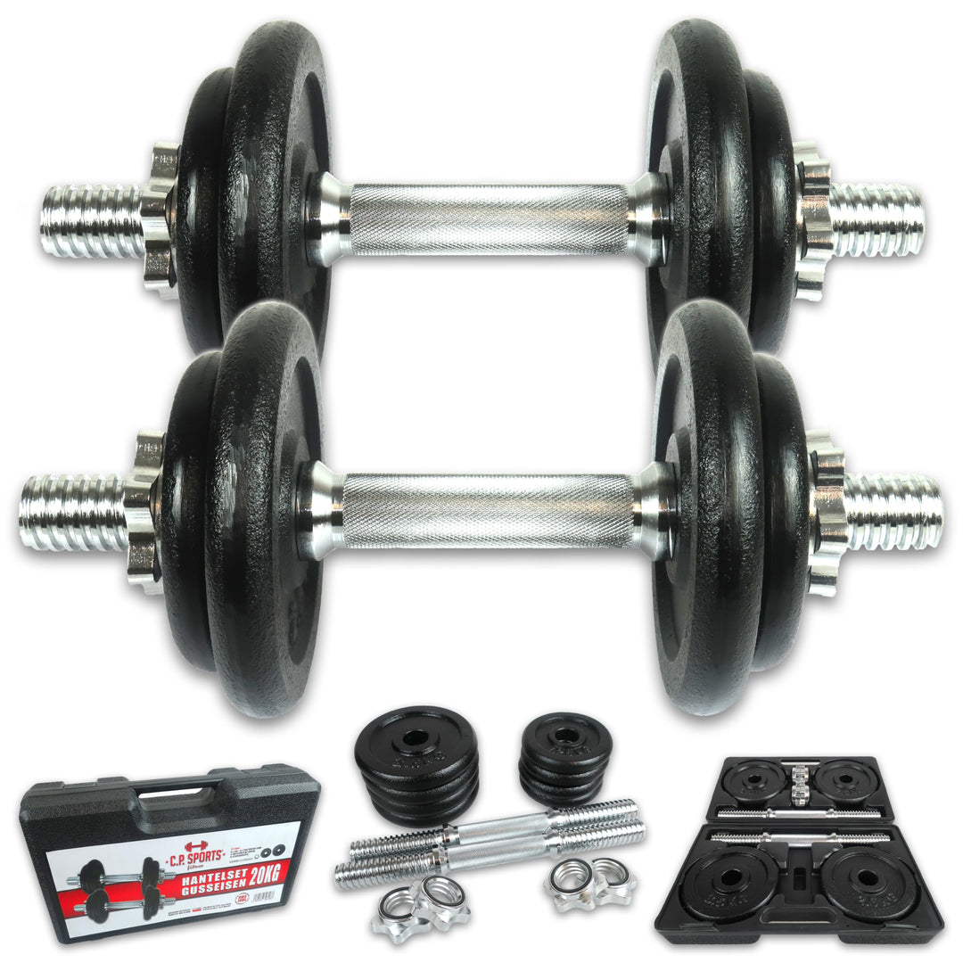 C.P.Sports Gusseisen Kurzhantel oder Langhantel Set 20KG / 25KG im Koffer | Hanteln Paar oder Hantel