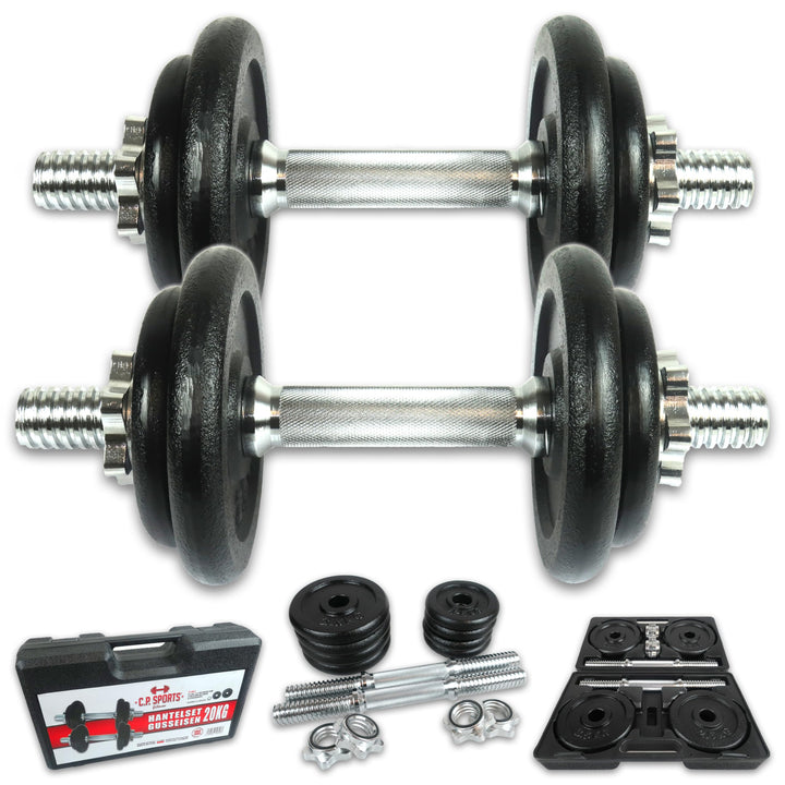 C.P.Sports Gusseisen Kurzhantel oder Langhantel Set 20KG / 25KG im Koffer | Hanteln Paar oder Hantel