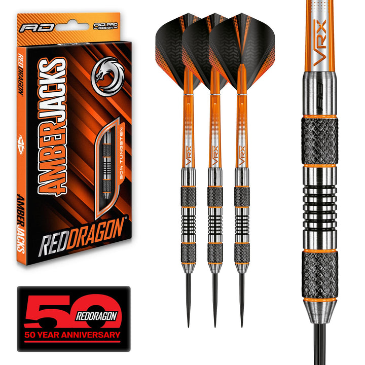 RED DRAGON Amberjack Series Steel Profi Dartpfeile Steeldarts Set mit Flights und Schäfte 22.0 Gramm