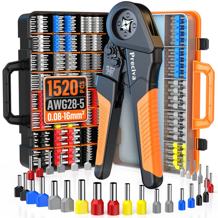 Preciva Crimpzange Set, 0,08–16 mm² Aderendhülsenzange mit 1520 Aderendhülsen. Mit zwei Metalllängen