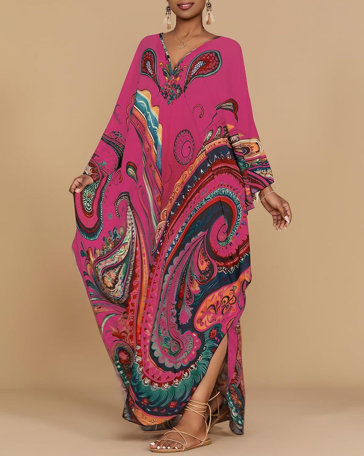 Bsubseach Damen Kaftan Kleider Batwing Sleeve Strandkleid V-Ausschnitt Caftan Maxi Kleid Sommer A-Ro