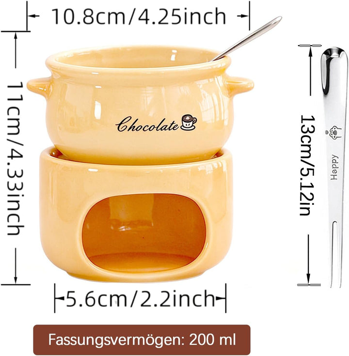 Keramik Schokoladenfondue Set mit 4 Gabeln, Gelb