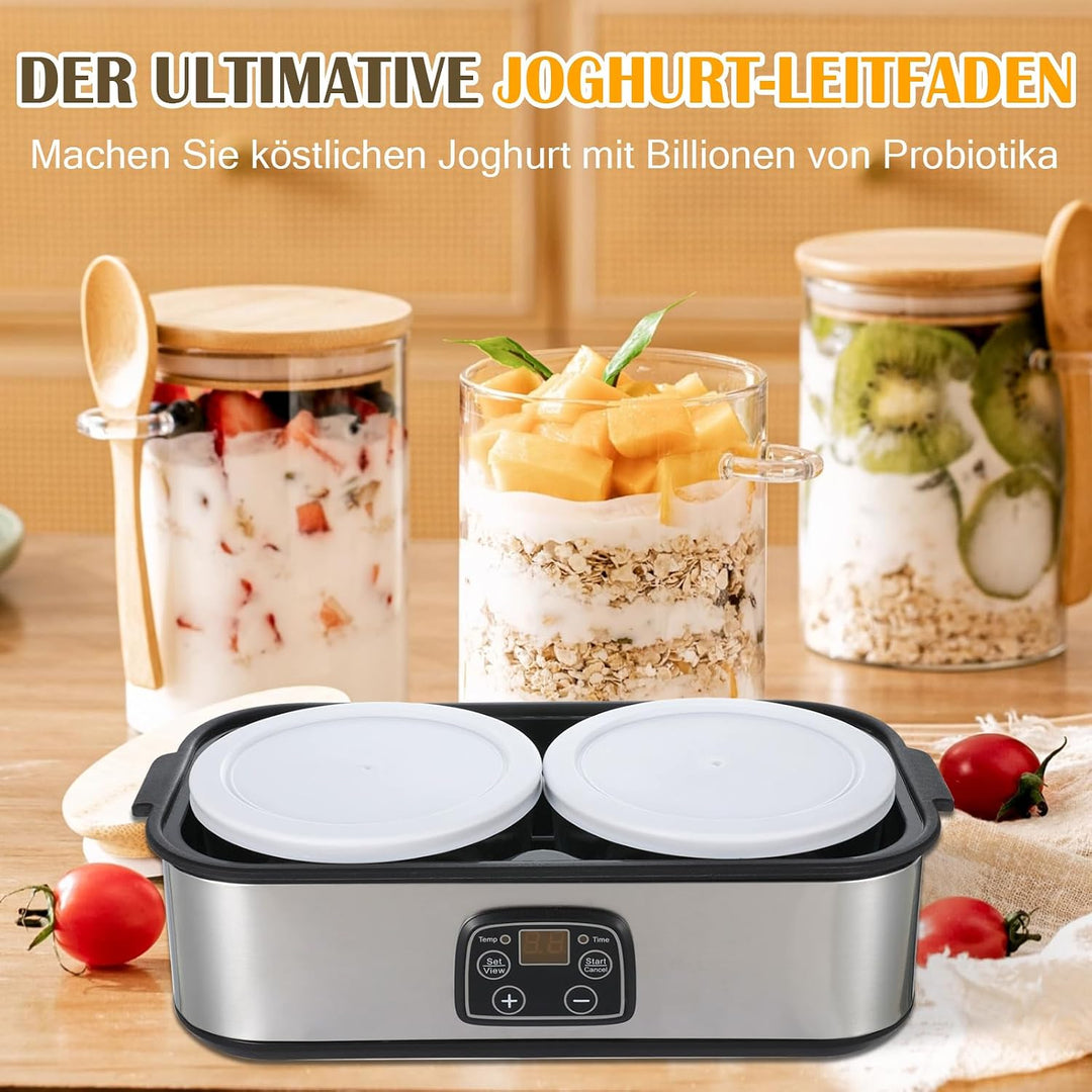 Joghurtbereiter, 2L Automatischer Digitaler Joghurtmaschine mit 2 Gläsern, Joghurtmacher mit Timer u