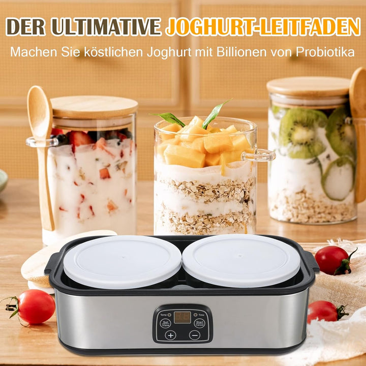 Joghurtbereiter, 2L Automatischer Digitaler Joghurtmaschine mit 2 Gläsern, Joghurtmacher mit Timer u
