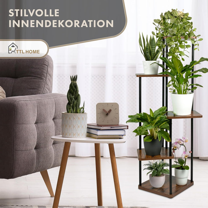 TTL HOME Blumenständer TOWER - 5 Etagen 105 cm hoch Pflanzenständer Design Holz Eiche & Metall schwa