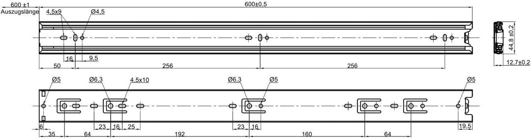 SOTECH 4 Paar (8 Stück) Vollauszüge KV3-45-H45-L600-NF schwarz 600 mm (eingeschoben) Teleskopauszug