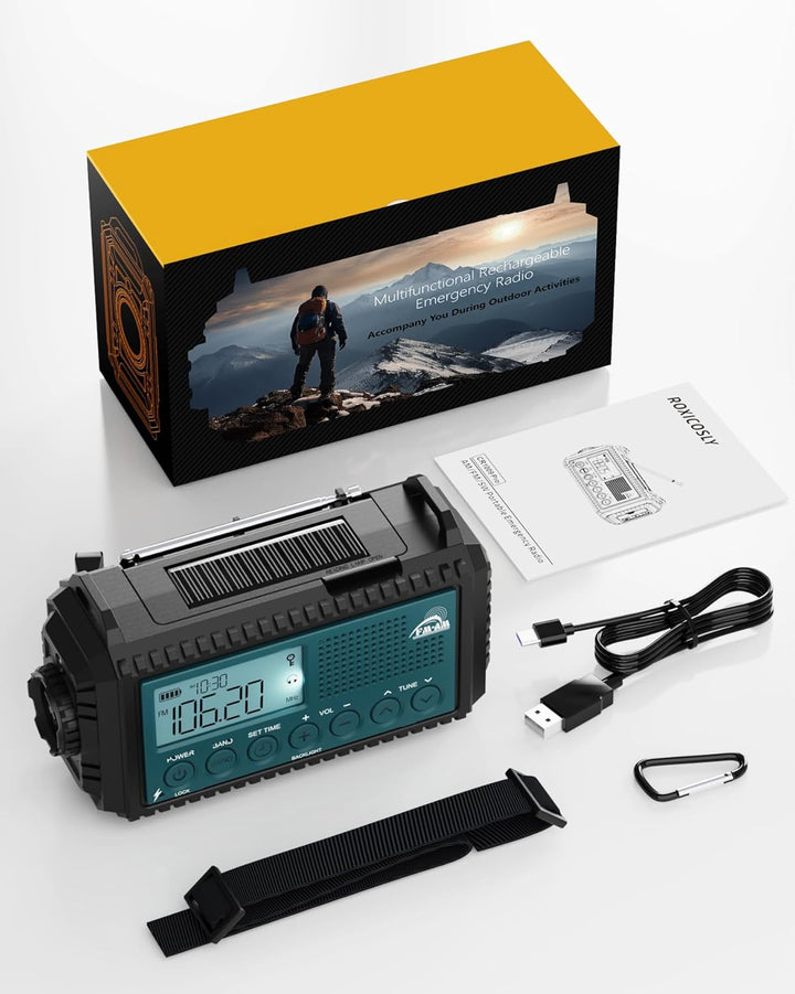 Roxicosly Kurbelradio, Notfallradio mit 12000 mAh Power Bank, AM/FM/SW Baustellenradio, Kurbel & 5-W