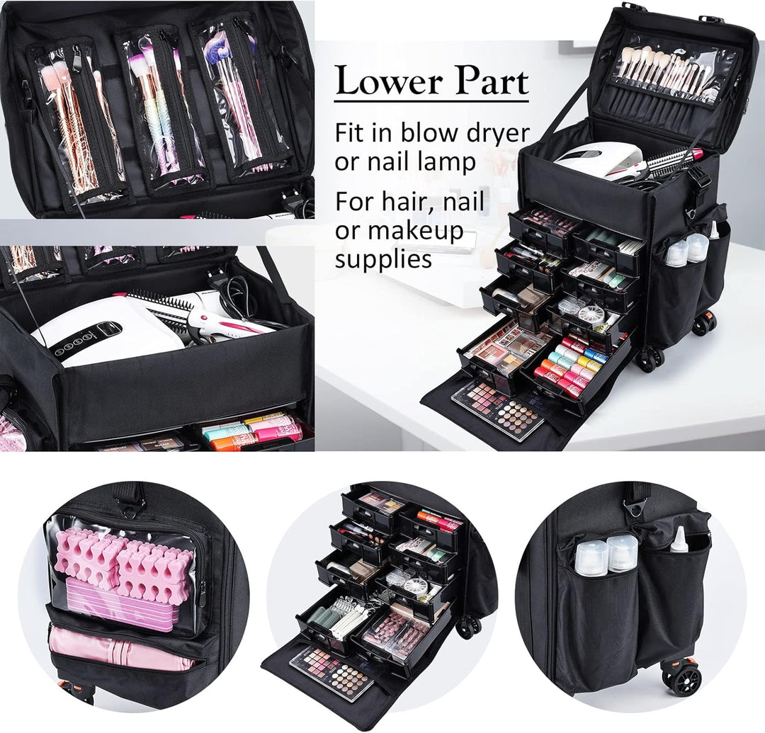 Friseurkoffer mit 8 Schubladen Kosmetik Trolley Kosmetikkoffer 2 in 1 Make up Koffer Nagelkoffer mit