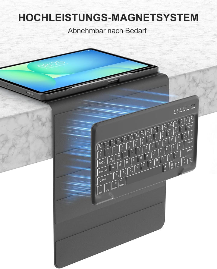Für Galaxy Tab S10 FE Plus Hülle mit Beleuchteter Tastatur – 7-Farben RGB-Hintergrund, QWERTZ Deutsc