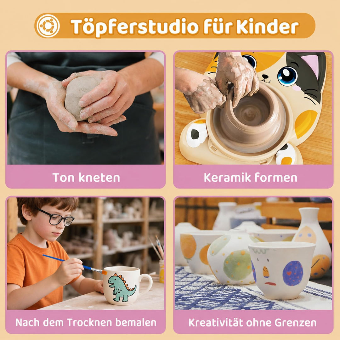 Töpferscheibe für Kinder – Komplettes Töpferstudio Set für Anfänger, Bastelset ab 8-12 Jahren mit 3x