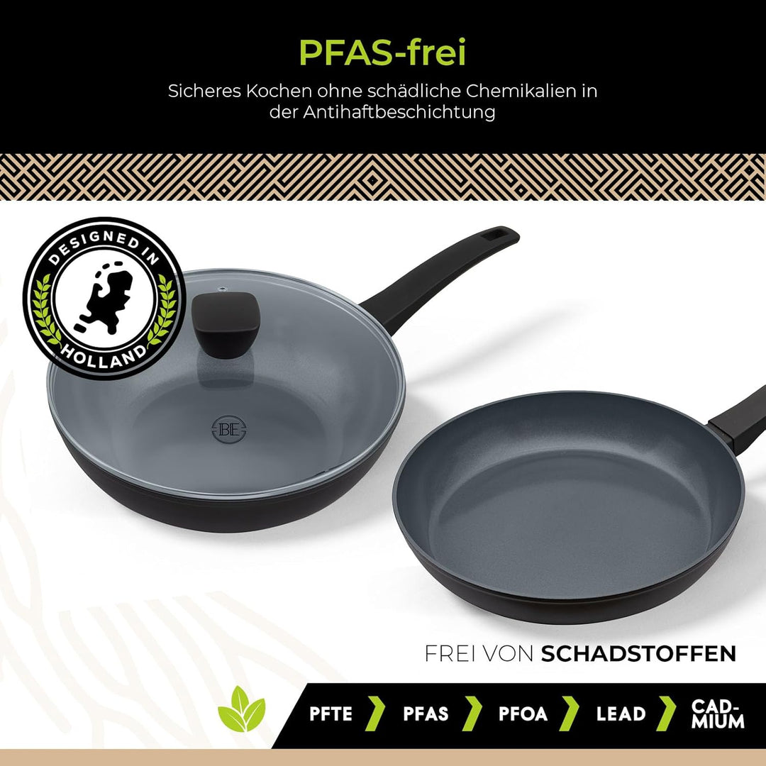 Be Living Delight Pfannenset 4-teilig, Bratpfanne 20/24/28 cm + Wokpfanne 28 cm mit Deckel, Non Stic