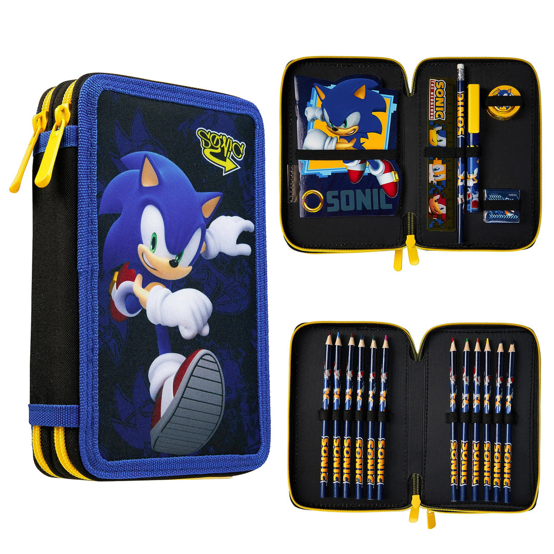 Sonic The Hedgehog Federtasche Gefüllt Kinder, Federmäppchen 2 Fächer, Mäppchen mit Inhalt, Etui Sch