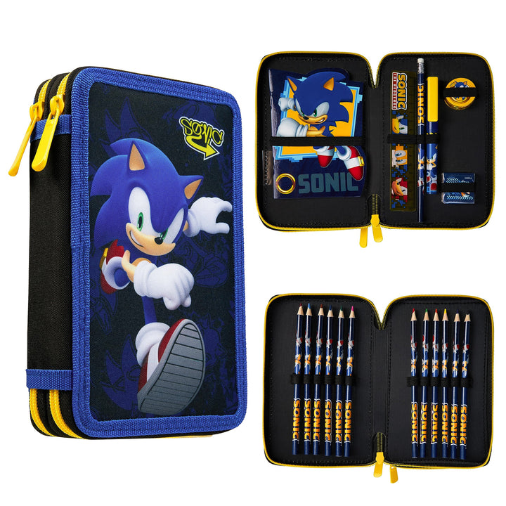 Sonic The Hedgehog Federtasche Gefüllt Kinder, Federmäppchen 2 Fächer, Mäppchen mit Inhalt, Etui Sch