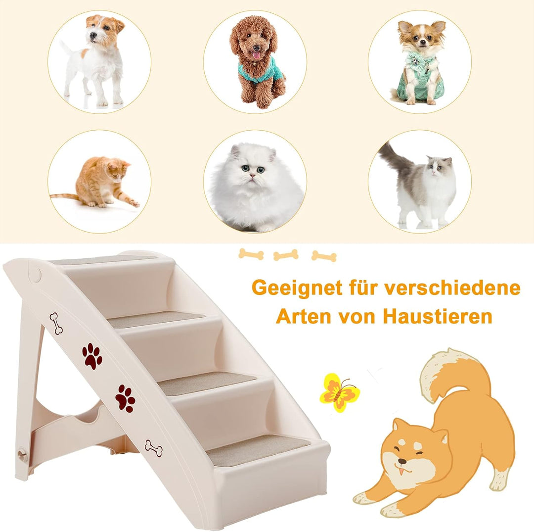 GOPLUS Hundetreppe mit 4 Stufen, Tragbare Tiertreppe aus Kunststoff, Klappbare Treppe für Haustiere,