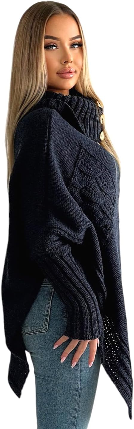 Mississhop Poncho Strick Sweatshirt Pullover Umhang Überwurf Einheitsgrösse Nachtblau, Einheitsgröss