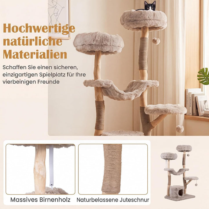 COSTWAY Kratzbaum Holz, 147 cm hoch, Katzenbaum mit Katzenhöhle, Beige