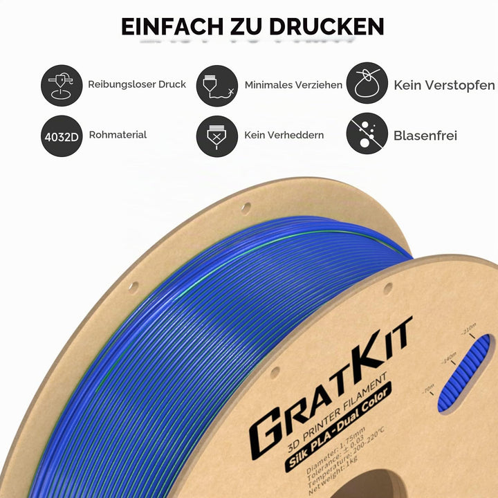 GratKit Silk Dual Color Filament PLA 1.75mm, -0.03mm, Coextrusion PLA Filament, 3D Drucker Filament,