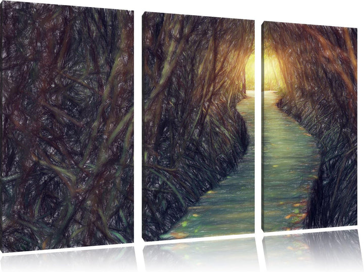 Pixxprint Gehweg im Wald / 3-Teilig/Gesamtmass 120cm Leinwandbild bespannt auf Holzrahmen/Wandbild K