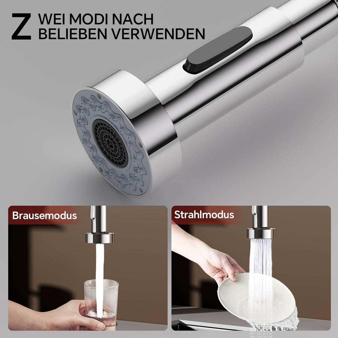 Spiralfeder Wasserhahn Ausziehbar, Hochdruck Küchenarmatur mit Brause, mit 2 Strahlarten, 360° Drehb