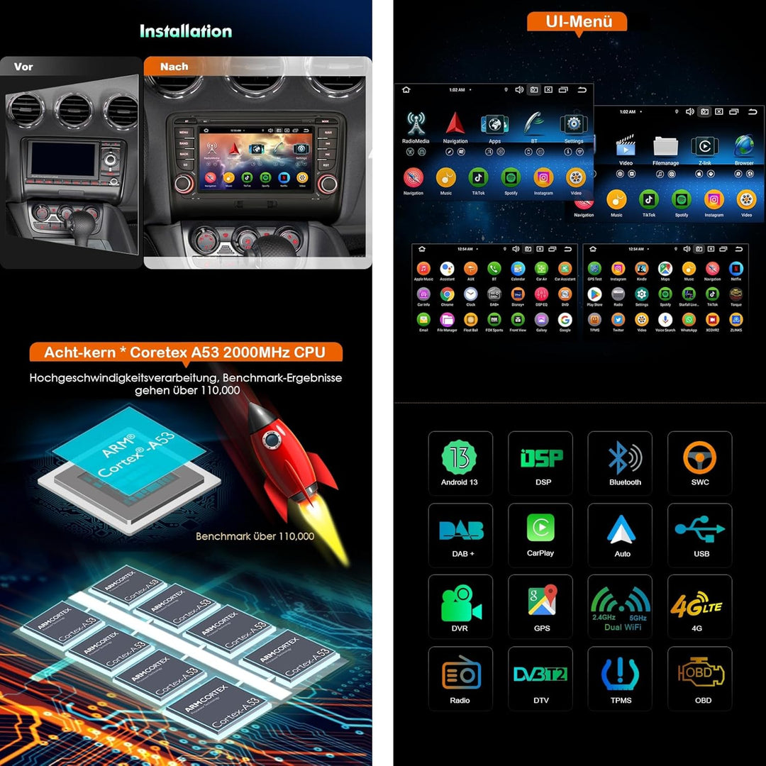 Erisin 8-Kern 4GB RAM+64GB ROM Android 14 Autoradio GPS Navi für Audi TT MK2 7 Zoll IPS Touchscreen