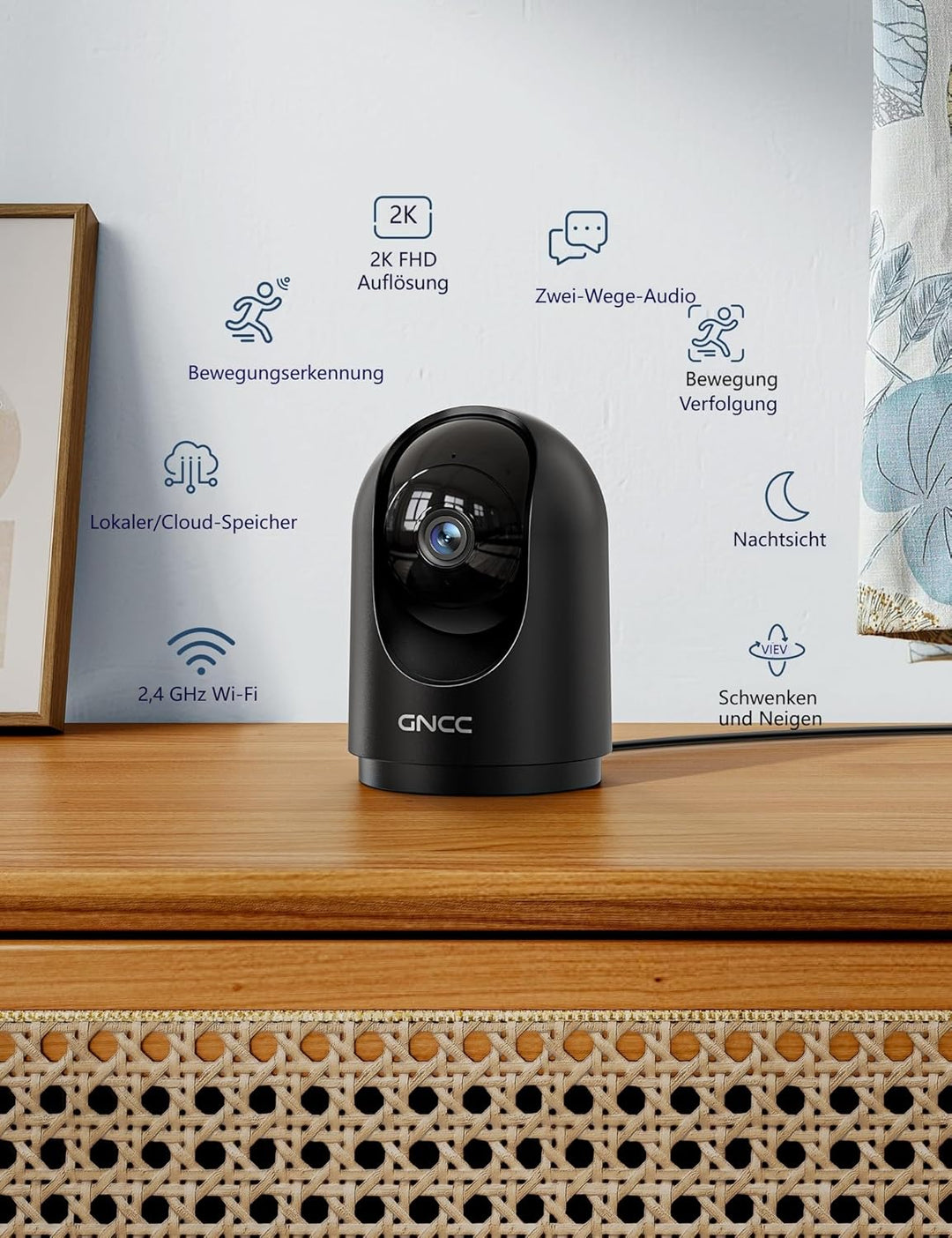 GNCC Überwachungskamera Innen 2K, 360° WLAN Kamera Indoor, Kamera Überwachung Innen mit Automatische