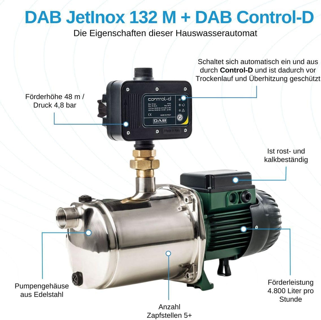 DAB JetInox 132 M + DAB Control-D Hauswasserautomat - 4800 L/Std. - Förderhöhe 48 m - Rostfreier Sta