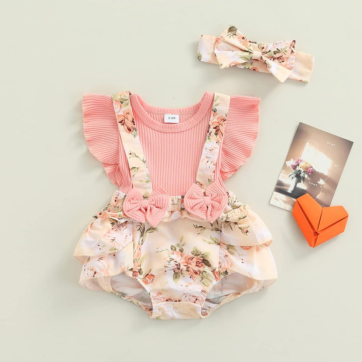 2 Stück Baby Mädchen Sommer Kleidung Outfit Blumendruck Strampler + Stirnband Kleinkinder Body Kleid