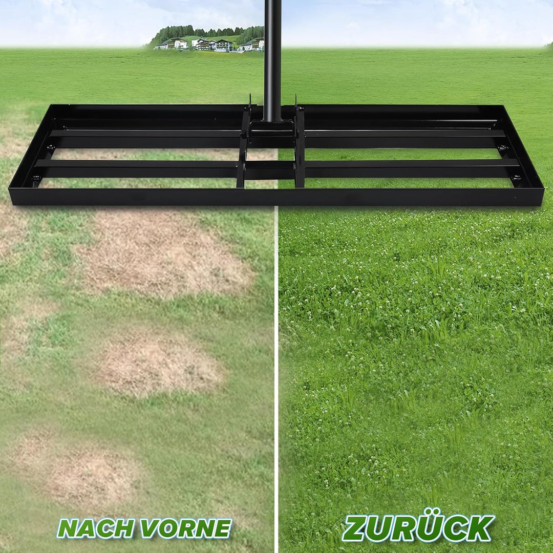 MaxEarn Rasen Nivellierrechen, 75x25 cm Garten Rasenrakel, Metall Rasenrechen mit 180 cm Verlängerte