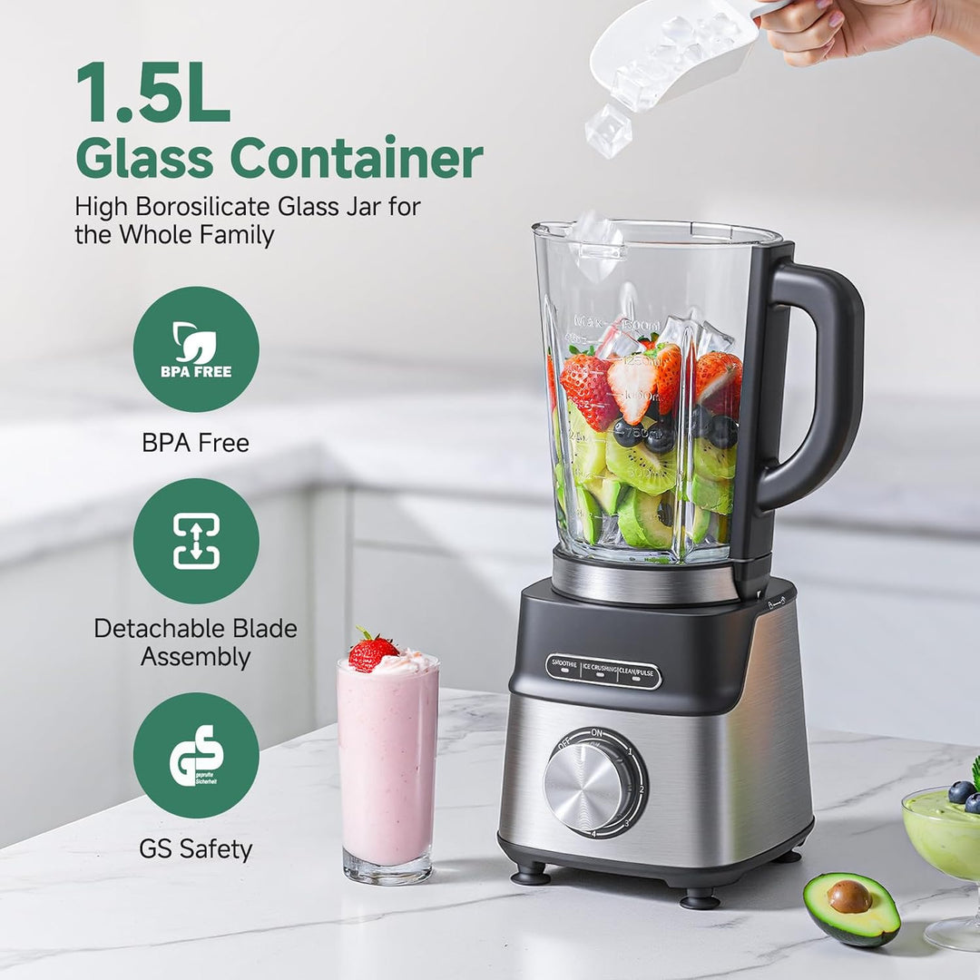 AMZCHEF Standmixer Glas, Standmixer Smoothie Maker 1200W, 1,5L hitzebeständiger Glasbehälter, 5 Gesc