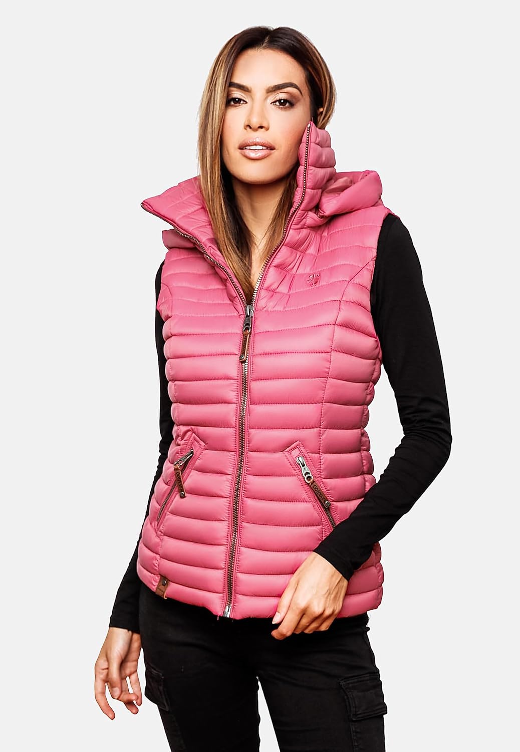 Navahoo Damen Übergangsjacke leichte Steppweste mit Abnehmbarer Kapuze Shadaa XS-3XL XS Himbeere, XS