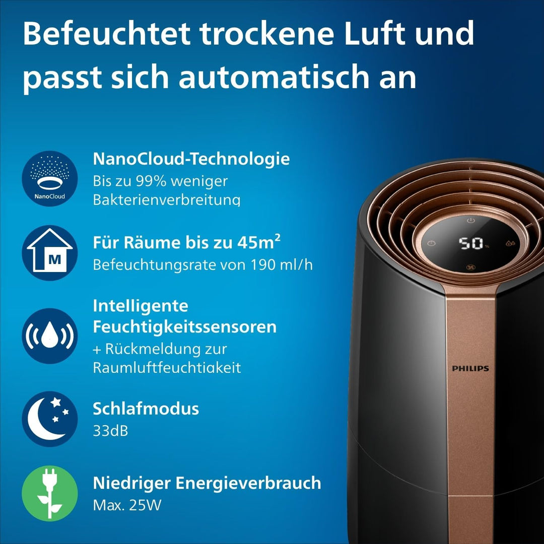 Philips Luftbefeuchter 3000 Serie HU3918/10 (bis zu 45m², hygienische NanoCloud-Technologie, leiser
