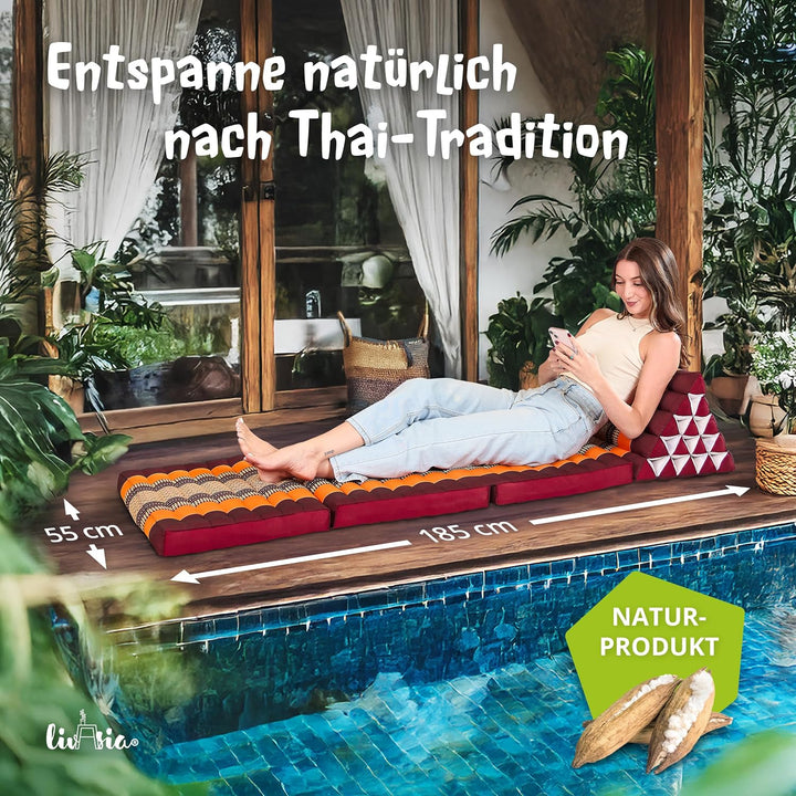 livasia Thaikissen 3 Auflagen extrahoch - 185x55x8cm - Dreieckskissen mit Klappmatratze, Kapok, Jumb