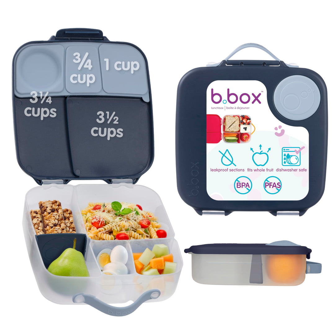 b.box Brotdose | Grosse Bento-Box mit 4 Fächern (2 auslaufsicher), herausnehmbarer Trenner, Gel-Kühl