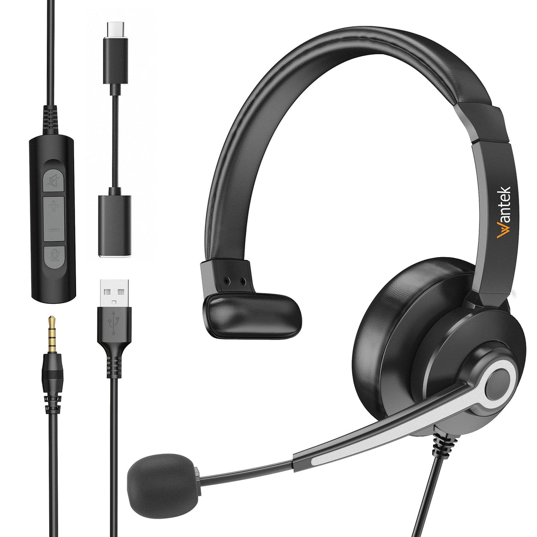 Wantek Headsets mit Noise Cancelling Mikrofon,USB/Type-c/3.5mm Jack 3-in-1 PC Headset,EIN-Ohr Headse