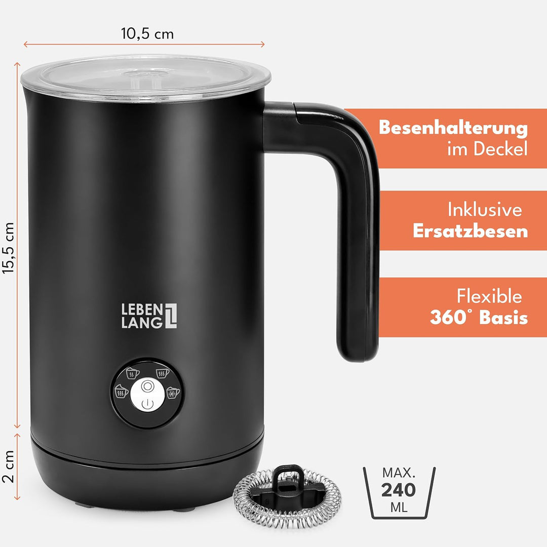 LEBENLANG Milchaufschäumer Elektrisch - 100% BPA-Frei & 4 Modi inkl. Ersatz Schneebesen I 240ml Milc