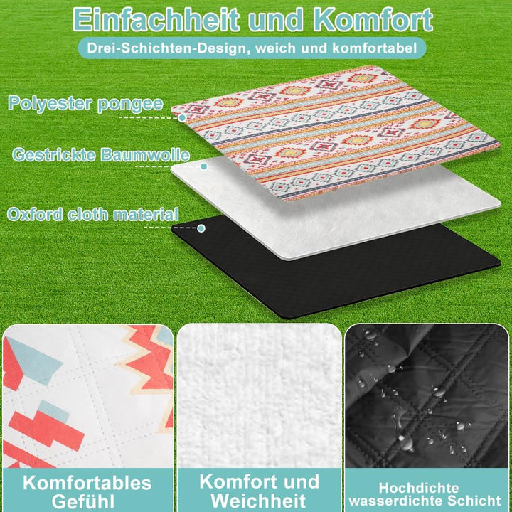 200 x 200 cm Picknickdecke Wasserdicht, Streifen Sandfeste Stranddecke Tragbare Stranddecke XXL Camp
