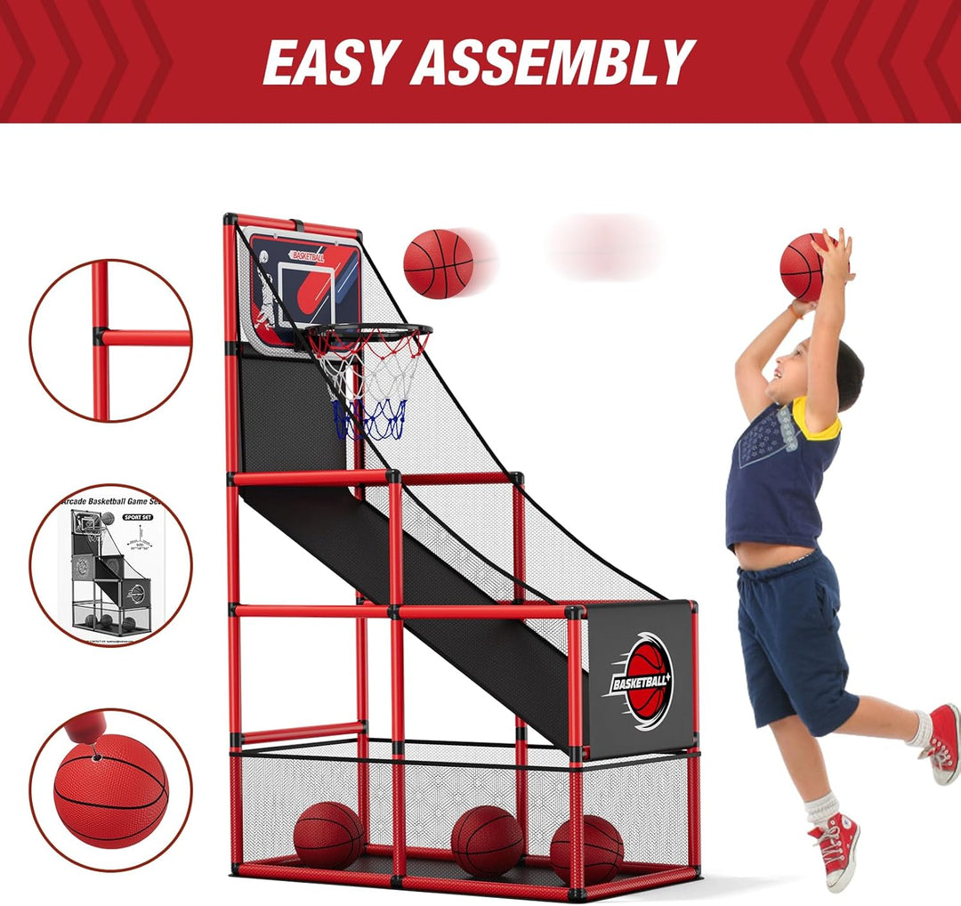 HYES Basketball Arcade Spiel, Kinder Basketballständer mit 4 Bällen, Single Shot Basketballkorb Indo