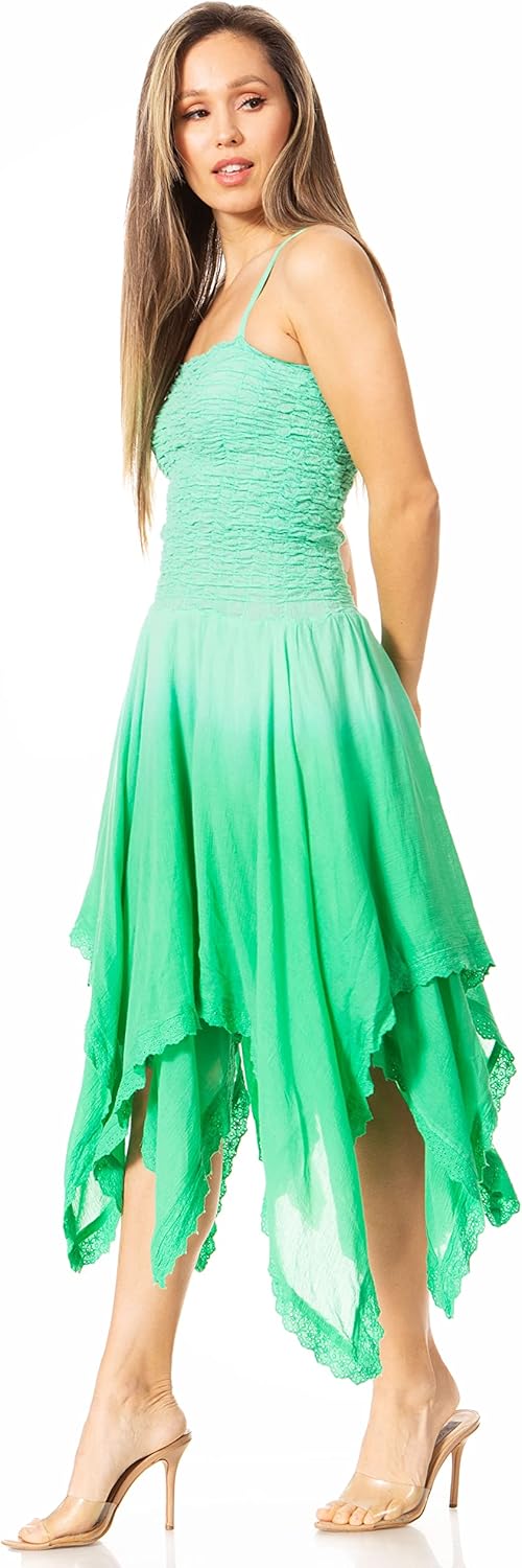Sakkas Ella gesmokt Mieder Spaghetti schnallen Doppelschichtenkleid Einheitsgrösse O-springgrün, Ein