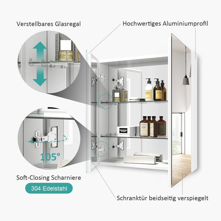 EMKE Spiegelschrank Bad, Badezimmer Spiegelschrank mit Spiegel, 60x65cm Badschrank Wandschrank mit h