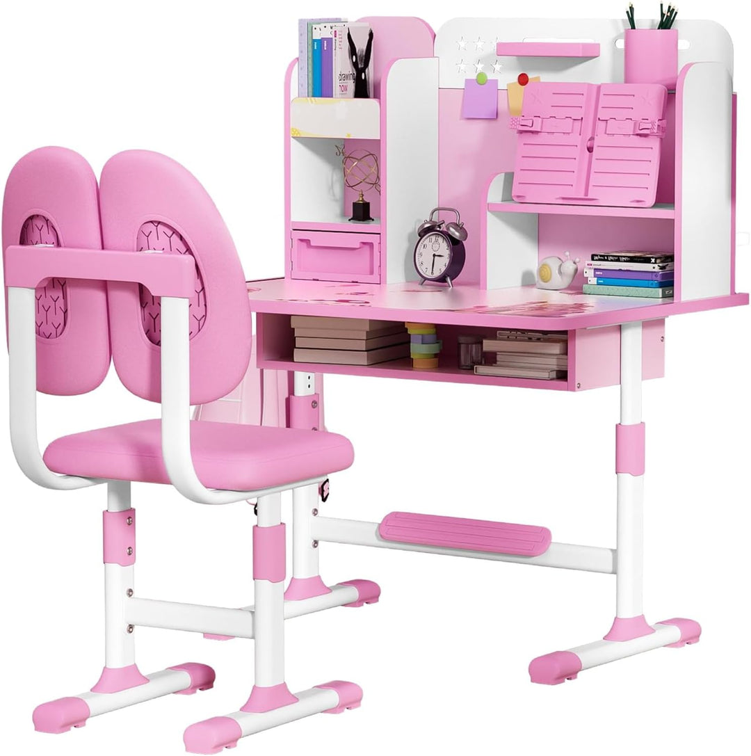 Kids Desk and Chair Set, Hhe Verstellbarer Kinder Schreibtisch mit Ablagefchern und Bcherregal, Ergo