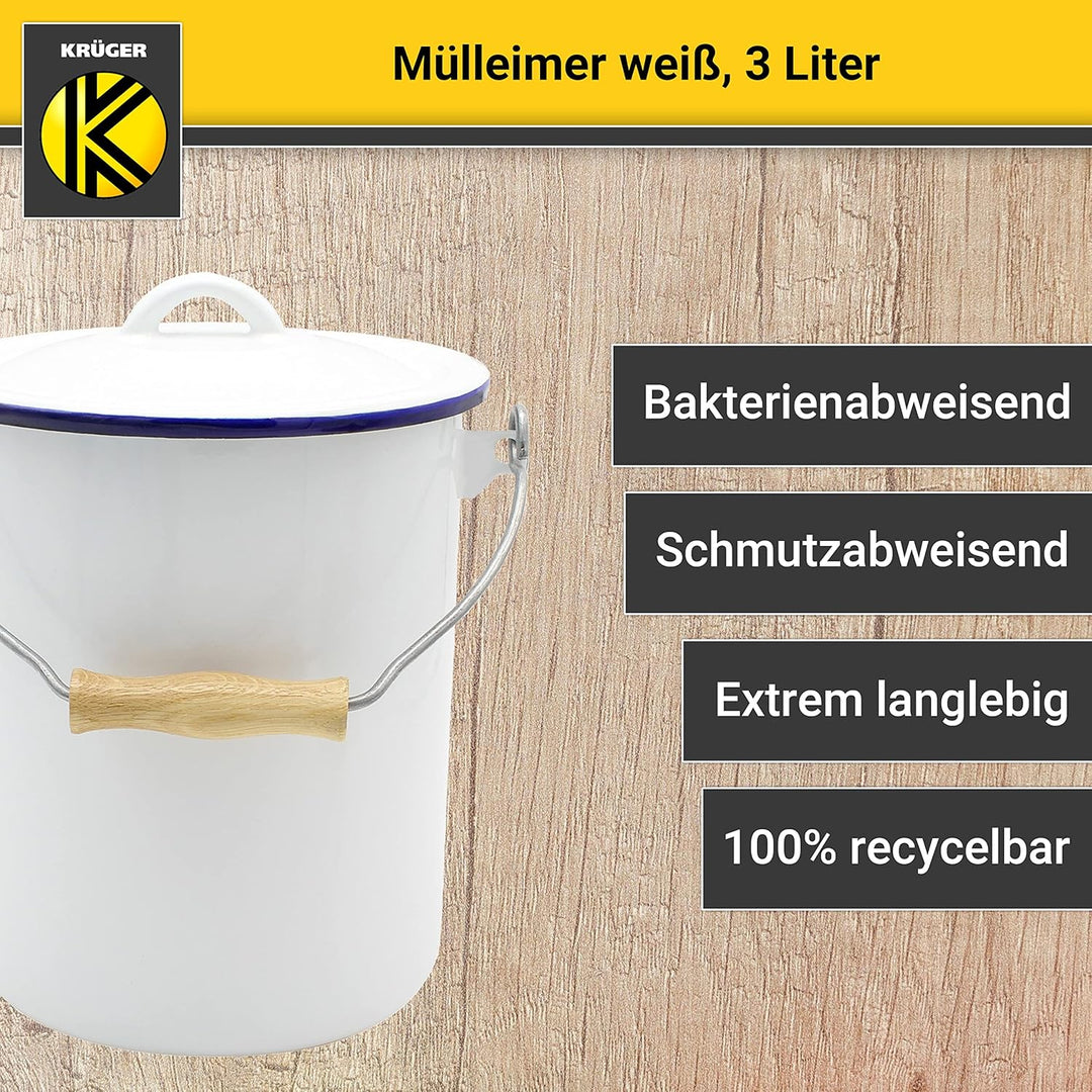 KRÜGER Mülleimer mit Deckel - Stahl Abfalleimer mit Emaille-Beschichtung und Holzgriff - schnitt- un