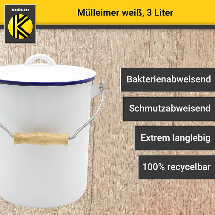 KRÜGER Mülleimer mit Deckel - Stahl Abfalleimer mit Emaille-Beschichtung und Holzgriff - schnitt- un