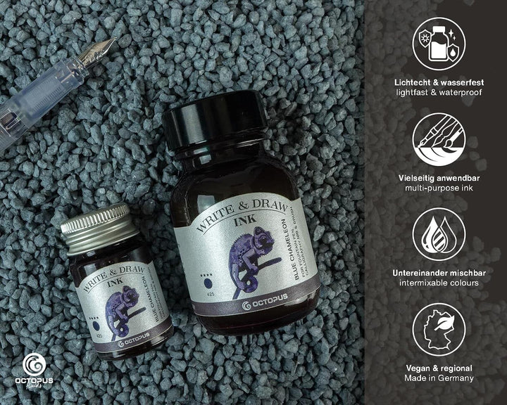 Octopus Write &amp; Draw Ink Blue Chameleon, wasserfeste Zeichentinte, 50 ml | Dokumentenechte Zeichentu